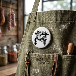 Badge Rond 7,6 Cm Dessin d'animal de ferme tête de porc en noir et b