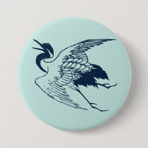 Badge Rond 7,6 Cm Dessin japonais vintage d'une grue, bleu