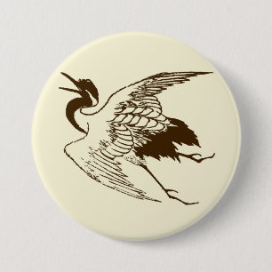 Badge Rond 7,6 Cm Dessin japonais vintage d'une grue, Brown
