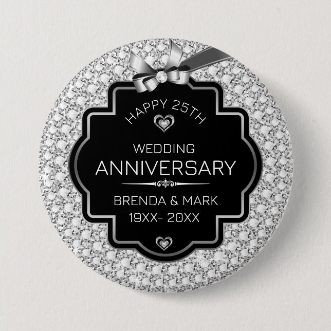 Badge Rond 7,6 Cm Diamants Blancs Argent Et Noir 25 Anniversaire (Devant)