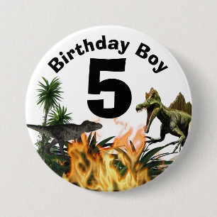 Badge Rond 7,6 Cm Dinosaur anniversaire âge t-rex flamme palme