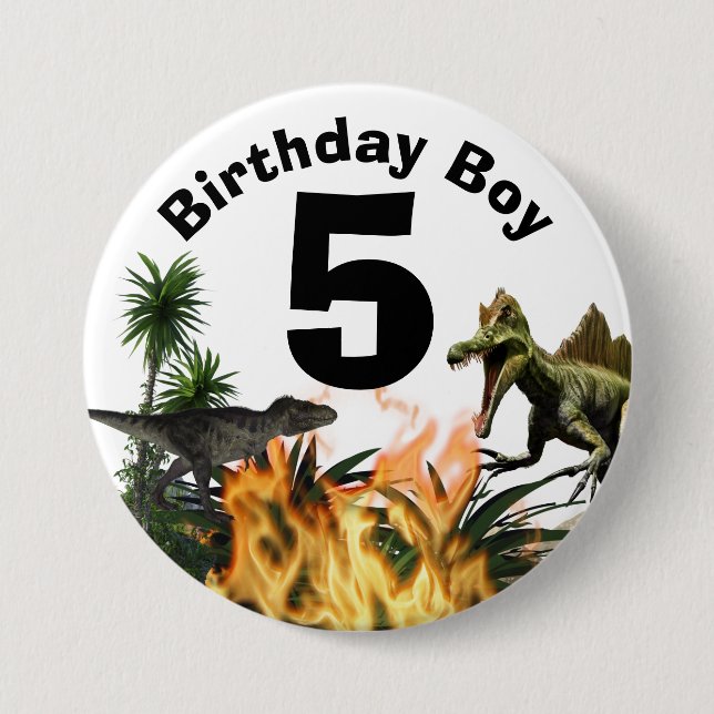 Badge Rond 7,6 Cm Dinosaur anniversaire garçon âge t-rex flamme palm (Devant)