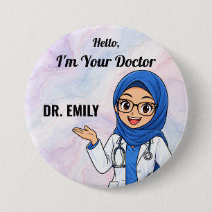 Badge Rond 7,6 Cm Docteur en hijab personnalisé avec lunettes Bouton