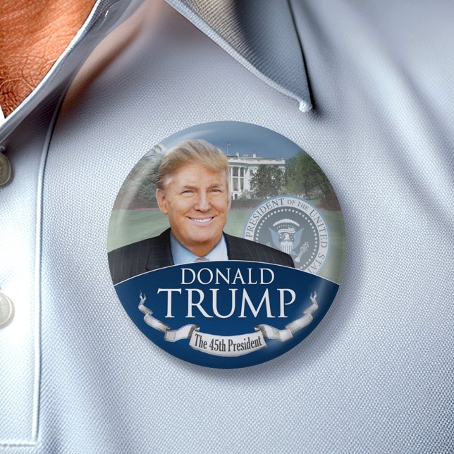Badge Rond 7,6 Cm Donald Trump, 45ème président Photo Maison Blanche (Trump 45th President)