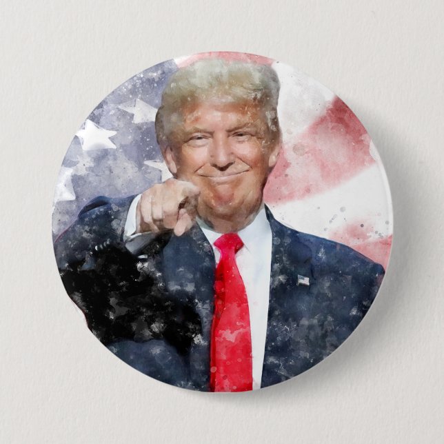 Badge Rond 7,6 Cm Donald Trump pointant du doigt le drapeau américai (Devant)