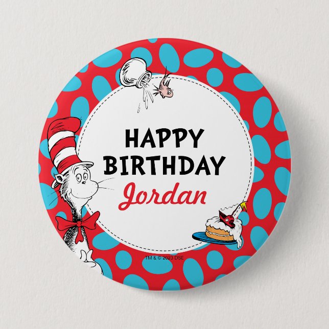 Badge Rond 7,6 Cm Dr. Seuss | Chat Chapeauté Anniversaire (Devant)