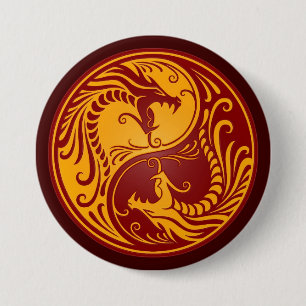 Badge Rond 7,6 Cm Dragons rouges d'or de Yin Yang