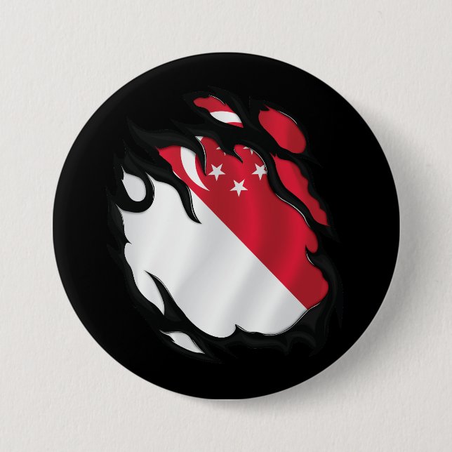 Badge Rond 7,6 Cm Drapeau déchiré de Singapour (Devant)