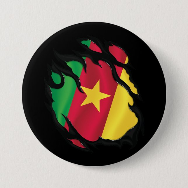 Badge Rond 7,6 Cm Drapeau déchiré du Cameroun (Devant)