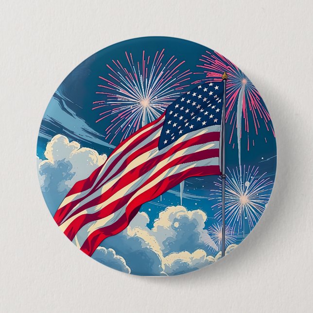 Badge Rond 7,6 Cm Drapeau patriotique américain avec feux d'artifice (Devant)