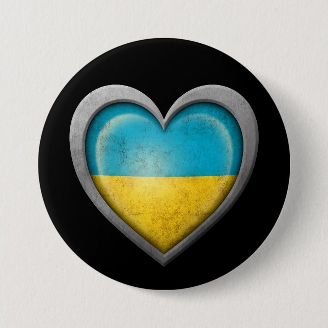 Badge Rond 7,6 Cm Drapeau ukrainien de coeur avec l'effet en métal (Devant)