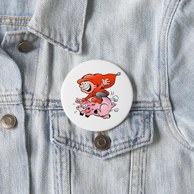 Badge Rond 7,6 Cm Drôle Cartoon Gnome équitation Flying Pig (Créateur téléchargé)