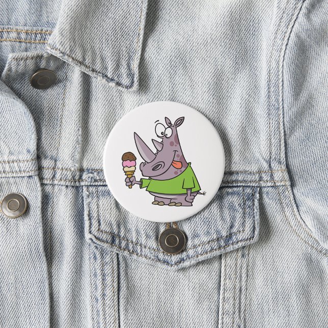 Badge Rond 7,6 Cm Drôle Cartoon Rhino Manger de la crème glacée mign (Créateur téléchargé)