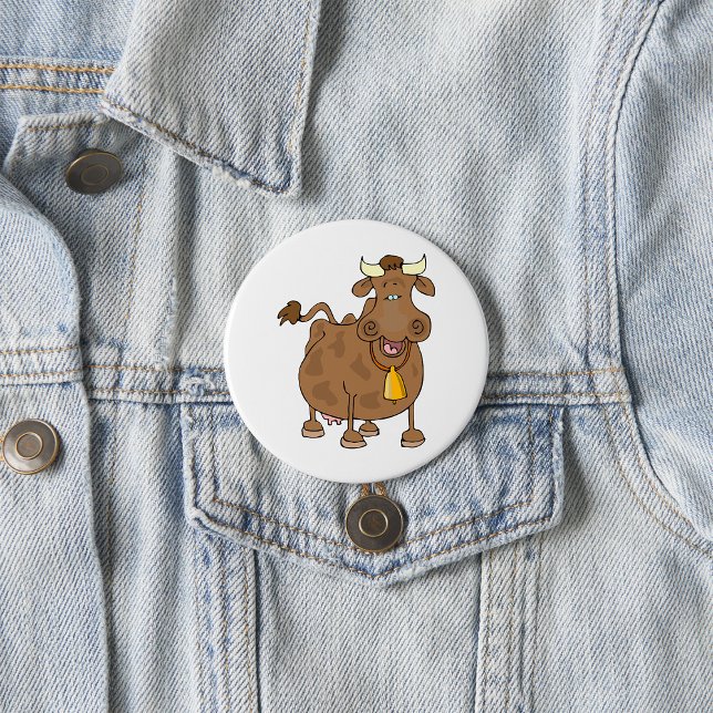 Badge Rond 7,6 Cm Drôle Cartoon Vache Brown avec Bell Animal de ferm (Créateur téléchargé)