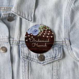 Badge Rond 7,6 Cm Éclairage à cordes de bois rustique Bleu Floral