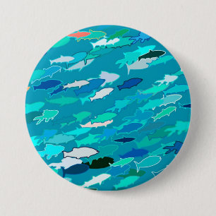Badge Rond 7,6 Cm École de Poissons, Turquoise, Bleu et Aqua