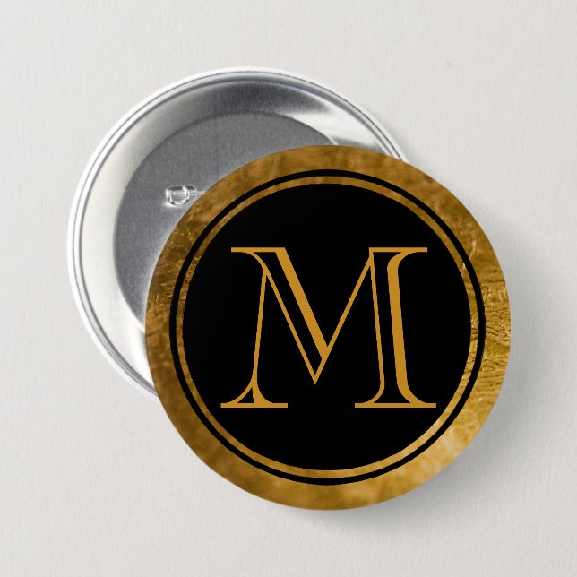 Badge Rond 7,6 Cm Élégance Noir Monogramme Or (Devant & derrière)