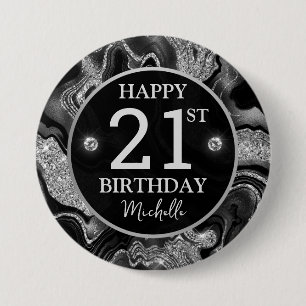 Badge Rond 7,6 Cm Elégant Anniversaire Paillettes Noir et Argent Aga