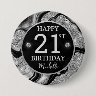 Badge Rond 7,6 Cm Elégant Anniversaire Paillettes Noir et Argent Aga