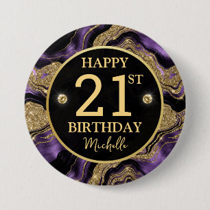 Badge Rond 7,6 Cm Élégant Anniversaire Paillettes Violet et Or Agate