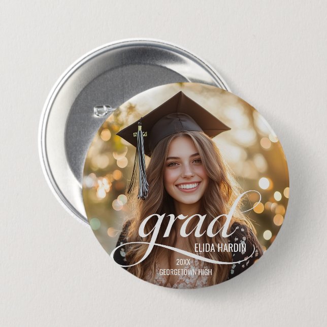 Badge Rond 7,6 Cm Élégant Bouton photo couleur blanc Script Grad (Devant & derrière)