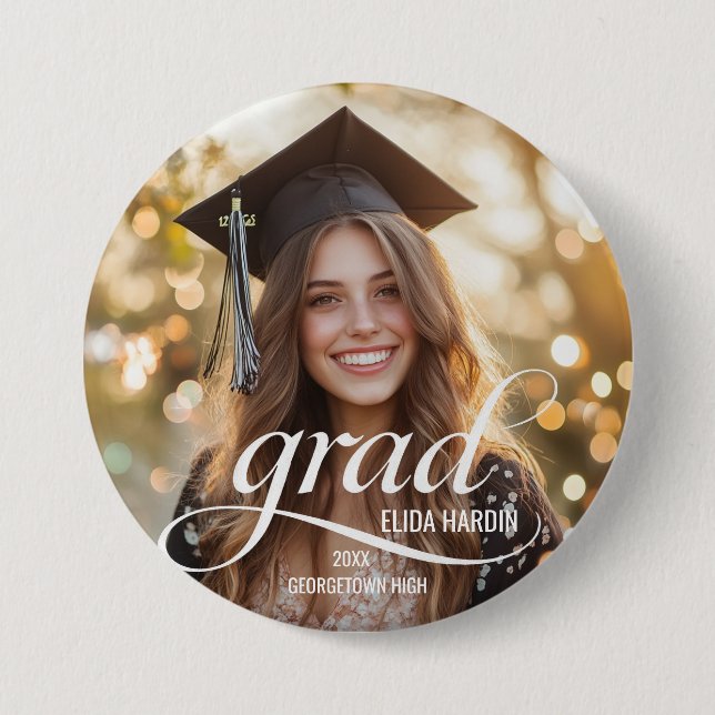 Badge Rond 7,6 Cm Élégant Bouton photo couleur blanc Script Grad (Devant)