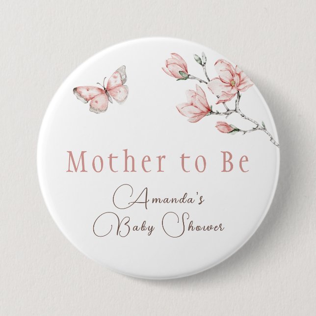 Badge Rond 7,6 Cm Élégant floral rose poudré papillon Baby Shower  (Devant)