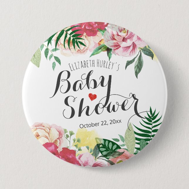 Badge Rond 7,6 Cm Elégante aquarelle Baby shower floral Pinback (Devant)