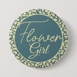 Badge Rond 7,6 Cm Élégante Fille Fleur Bleue et Feuille de Crème