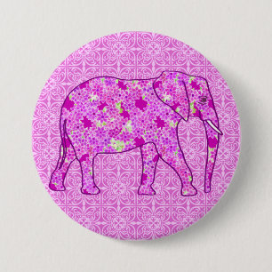Badge Rond 7,6 Cm Eléphant à fleurs - orchidée et magenta