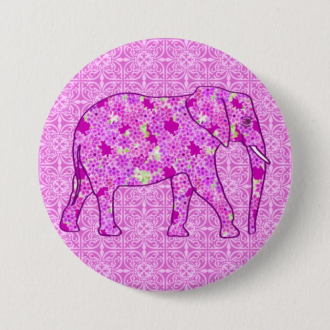 Badge Rond 7,6 Cm Eléphant à fleurs - orchidée et magenta (Devant)