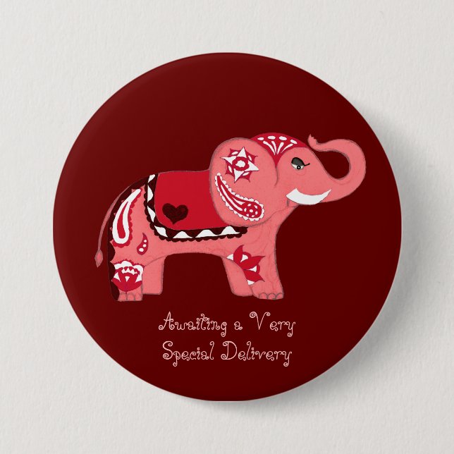 Badge Rond 7,6 Cm Eléphant au henné (rouge/rose) (Baby shower) (Devant)