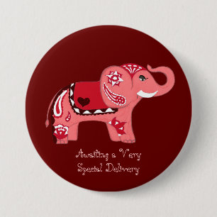 Badge Rond 7,6 Cm Eléphant au henné (rouge/rose) (Baby shower)