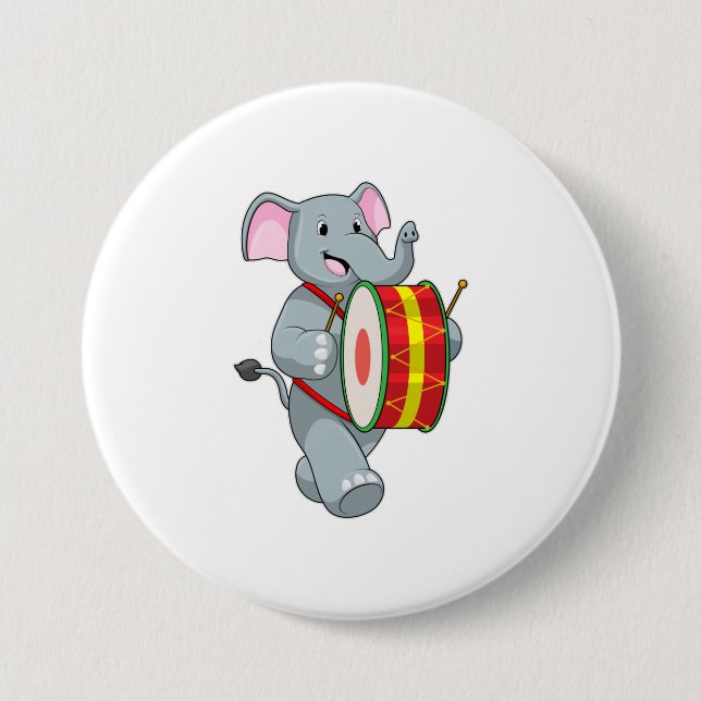 Badge Rond 7,6 Cm Elephant comme musicien avec tambour (Devant)