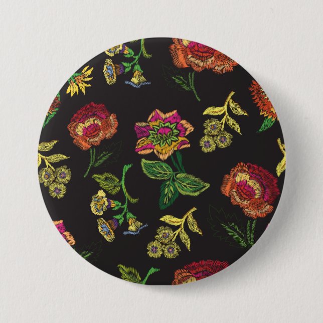 Badge Rond 7,6 Cm embroidered brooch with flowers on a black backgro (Devant)