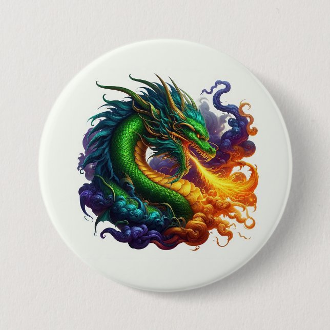 Badge Rond 7,6 Cm Emerald Green Dragon Respiration Fire (Devant)