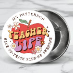 Badge Rond 7,6 Cm Enseignant Vie Réveil Enseigner École Nom personna<br><div class="desc">Teacher Life Wake Up Teach School Nom personnalisé Buttons présente une pomme rouge ornée de fleurs super avec le texte rétro "vie d'enseignant" avec le texte "Réveillez-vous, apprenez aux enfants, soyez génial" ci-dessous dans la typographie de script moderne et personnalisée avec votre nom personnalisé. Parfait pour votre professeur préféré pour...</div>