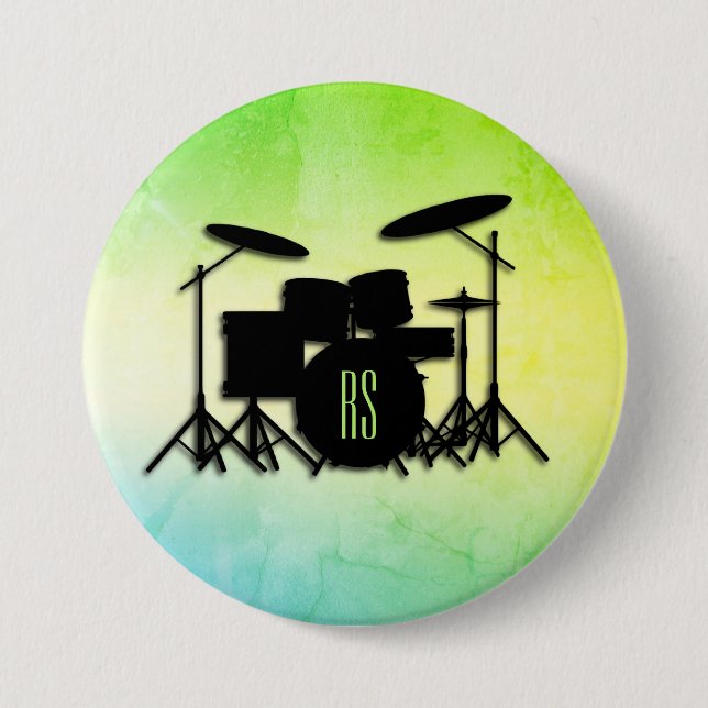 Badge Rond 7,6 Cm Ensemble de tambour monogramme vert (Devant)