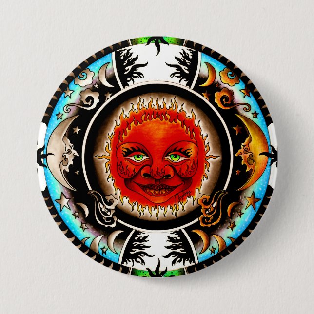 Badge Rond 7,6 Cm Espace Soleil Et Lune Mandala (Devant)