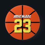 Badge Rond 7,6 Cm Étiquette Bouton de l'équipe sportive de basket-ba<br><div class="desc">Bouton de basket pour votre fête anniversaire de enfant. Une épingle parfaite pour les fans sportifs,  athlètes,  joueurs,  entraîneur ou capitaine de l'équipe de basket. Vous pouvez customiser le libellé pour s'adapter à n'importe quel événement avec thème sportif. Peut également customiser la couleur de la balle.</div>