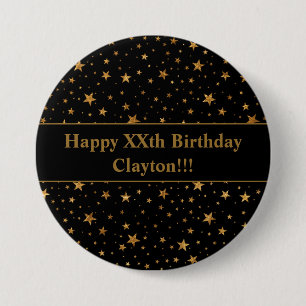 Badge Rond 7,6 Cm Etoiles D'Or Avec Message Sur Anniversaire Noir