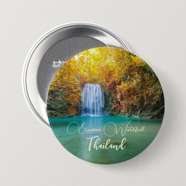 Badge Rond 7,6 Cm Fall View of Erawan Waterfall Thailand          (Devant & derrière)