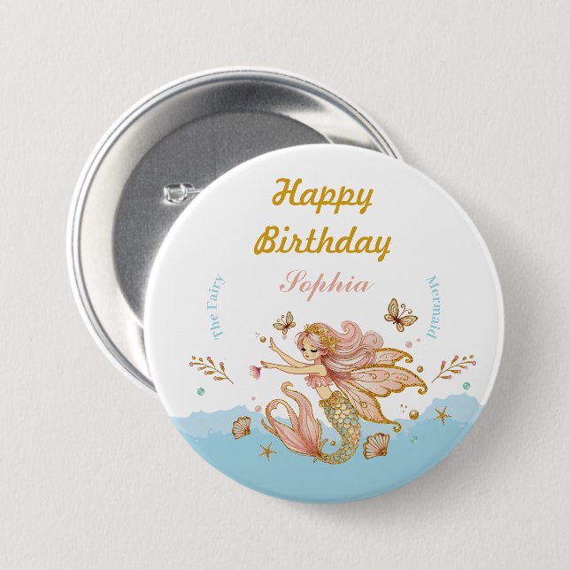 Badge Rond 7,6 Cm Fée magique Fée Sirène Fête d'Anniversaire Fille (Devant & derrière)