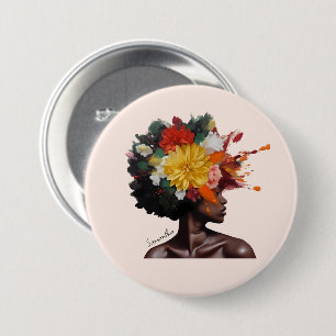 Badge Rond 7,6 Cm Femme afro-américaine aux cheveux noirs floraux (2