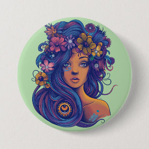 Badge Rond 7,6 Cm Femme d'Imaginaire Boho avec cheveux floraux