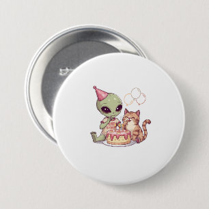 Badge Rond 7,6 Cm Fête d'anniversaire de chat extraterrestre dessin