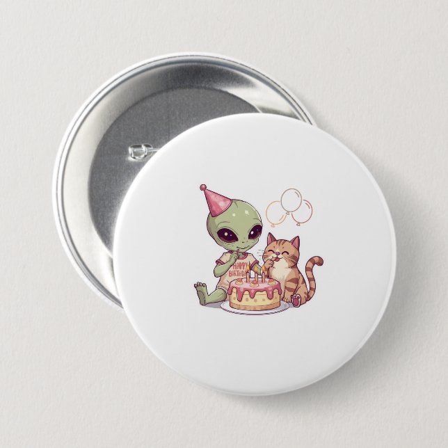 Badge Rond 7,6 Cm Fête d'anniversaire de chat extraterrestre dessin  (Devant & derrière)