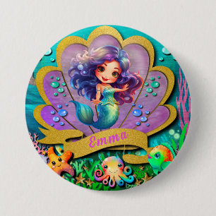 Badge Rond 7,6 Cm Fête d'anniversaire de fille sirène & sous la mer