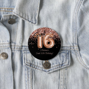 Badge Rond 7,6 Cm Fête d'anniversaire des 16 ans Rose Gold Black Swe