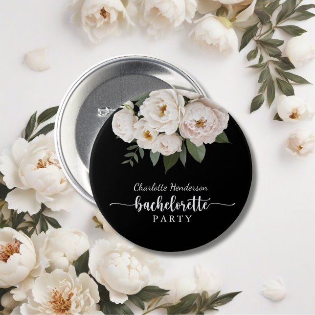 Badge Rond 7,6 Cm Fête de Bachelorette Fleurie Noir et Blanc (Créateur téléchargé)